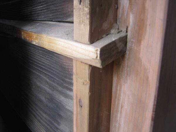 物置の引戸がダメになったので蝶番扉に変更 4 扉が中まで入るように邪魔な木を切り取ります。